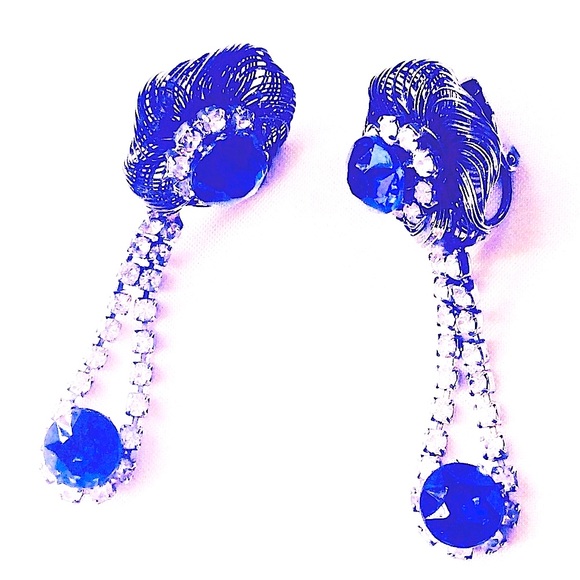 Vintage Blue Rhinestone Drop Earrings! 2” Jewelry something blue weddings - Picture 2 of 2